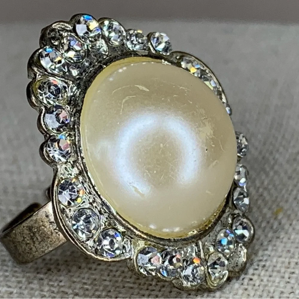 Vintage Adjustable Cocktail Ring Silver Faux Pearl Rhinestones